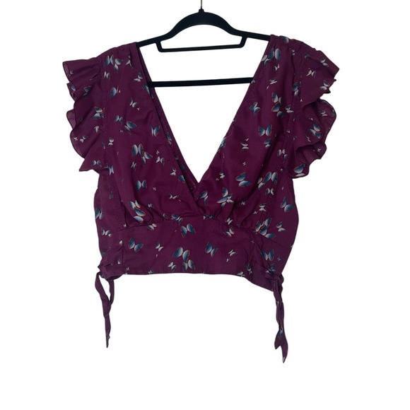 Free People Top Women's XL Berry Short Sleeve Cropped Butterfly Elastic Waist‎ - Picture 2 of 8